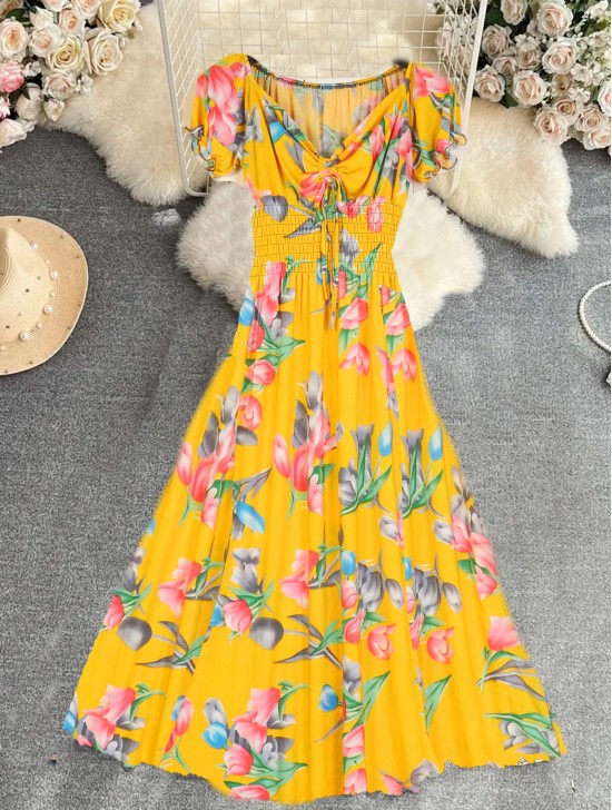 Floral V -Neck Short Sleeved Summer Dress